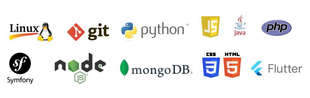 logo des outils techniques étudiés dans le Bachelor Développeur Full-Stack :
- Linux
- GIT
- Python
- JAVA et JAVA SCRIPT
- PHP
- SYMFONY
- NODE
- MANGO DB
- HTML & CSS
- FLUTTER